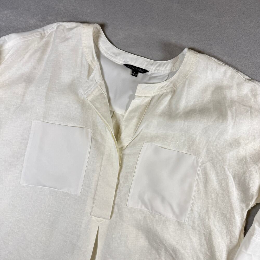 John Mark Oversized white linen blouse - 3/4 sleeve beachy casual size L